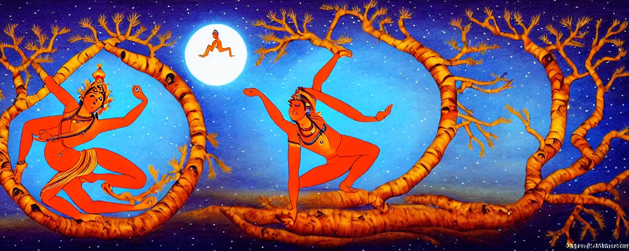 Prompt: nataraja dancing in a winter birch grove and raising snow clouds during a solar eclipse, visionary art style