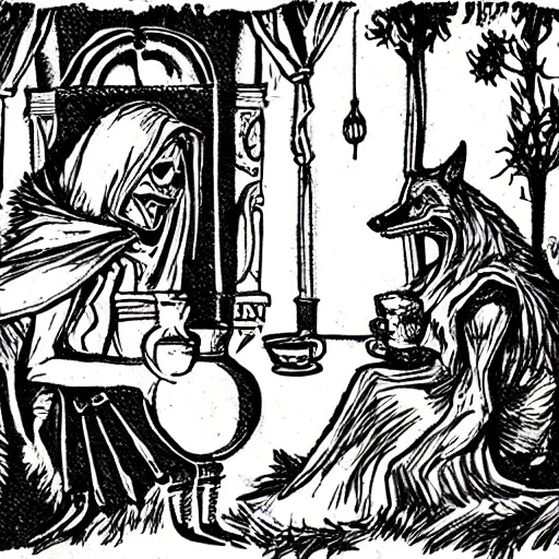 Image similar to haunted fairytale, skeletal little red riding hood having tea with the demon wolf lupus, dramatic tarot card style