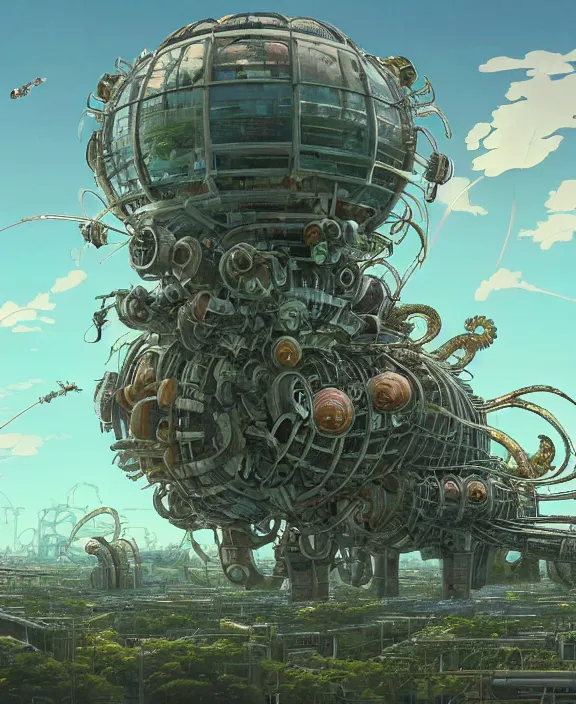 Prompt: a giant industrial plant made out of isopod wasp octopus, in the style of a spaceship, overgrown with orchids, godbeams, partly cloudy, somber, dramatic lighting, by geof darrow, dan mumford, yusuke murata, makoto shinkai, ross tran, cinematic, unreal engine, cel shaded, featured on artstation, pixiv