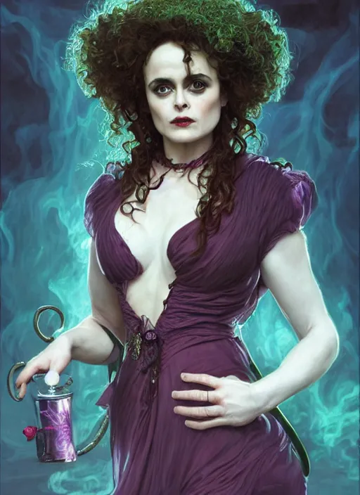 Image similar to portrait Helena Bonham Carter as a poison witch, full length shot, shining, 8k highly detailed, sharp focus, illustration, art by artgerm, mucha, bouguereau