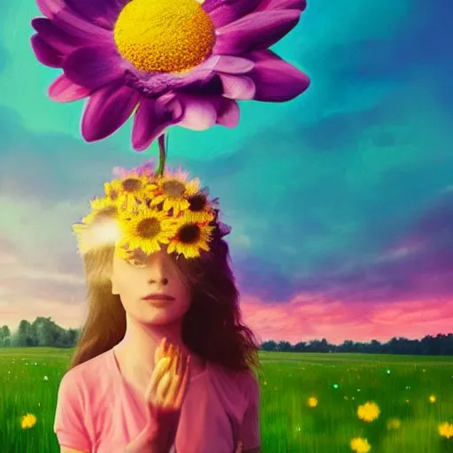 Image similar to daisy flower for a face, girl walking in flower field, holding daisy, surreal photography, sunrise, impressionist painting, colorful clouds, digital painting, artstation, simon stalenhag, flower face