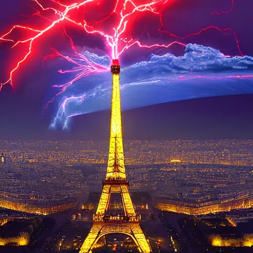 Image similar to Eiffel tower in Paris as giant charged tesla coil with blue white red lightning bolts all over the sky filled with dark clouds, epic city landscape digital art