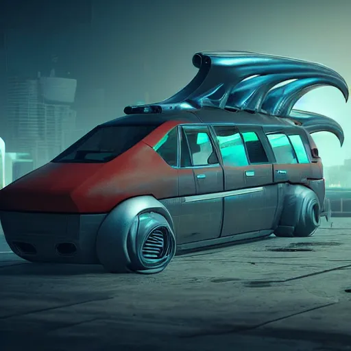 Prompt: cyberpunk alien concept of the a - team van with a pair of alien spaceship wings on the sides flying trough the sky, futuristic look, highly detailed body, very powerful, photorealistic camera shot, crisp quality and light reflections, unreal engine 5 quality render