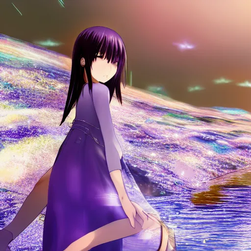 Image similar to advanced digital anime art, Sakimichan , a gorgeous high school girl with long gold and silver hair wearing a violet dress and bare feet walking through a crystal clear river, DOF, Gaussian Blur,