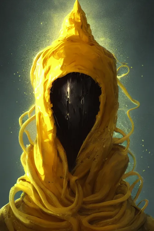 Image similar to A full body portrait of a mysterious character with no face with a very long hooded yellow cloak, a golden crown floating above his head tentacles coming out the ground art by Maciej Kuciara and Jason Chan, ominous, cosmic horror, trending on artstation, Ultra detailed, hyper realistic 4k