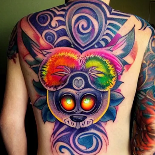 Image similar to shoulder tattoo of a multicolored psychedelic cute bush baby, eyes are colorful spirals, surrounded with colorful sparkeling flowers and irisdescent marihuana leaves, insanely integrate