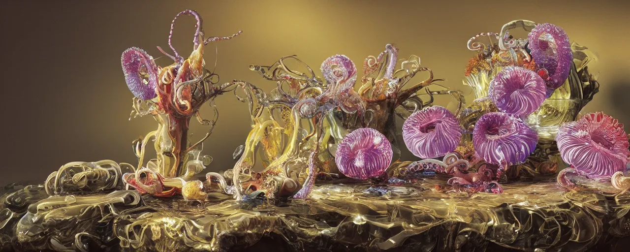 Image similar to ultradetailed reailistic still life with jelly flowers by ernst haeckel, caravaggio, roger dean and andrei tarkovsky, slime and tentacles, wide angle, cinematic, octane render, bokeh, unreal engine, 4k 3d render