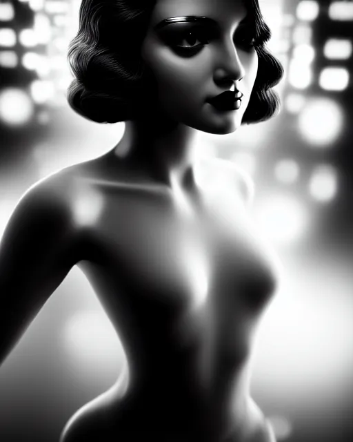 Image similar to black and white dreamy young beautiful female artificial intelligence, metropolis, cinematic, rim light, bokeh, photo - realistic, elegant, high detail, 8 k, masterpiece, photo taken in 1 9 3 0