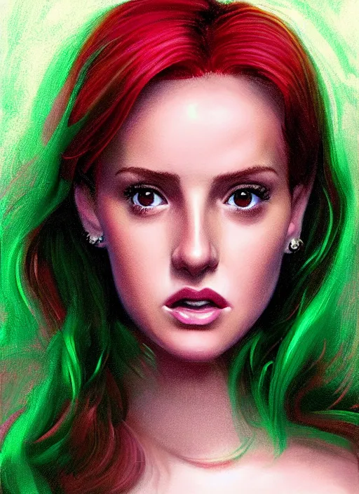 Image similar to full body portrait of teenage cheryl blossom, bangs, green eyes, sultry expression, red hair, sultry smirk, bangs and wavy hair, pink shirt, intricate, elegant, glowing lights, highly detailed, digital painting, artstation, concept art, smooth, sharp focus, illustration, art by wlop, mars ravelo and greg rutkowski