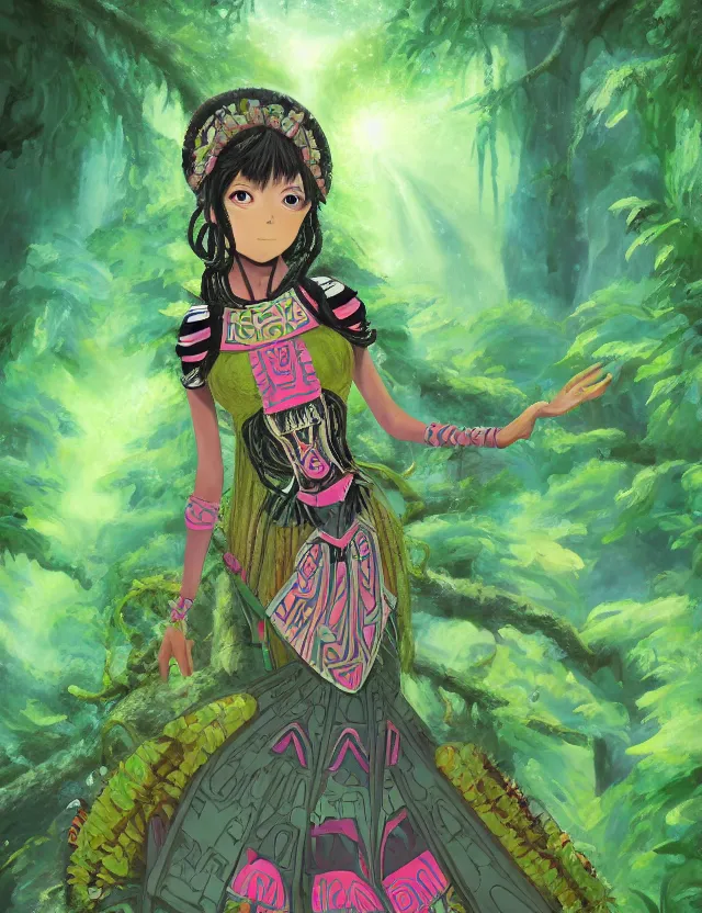 Image similar to aztec scifi princess of the lichen rainforest, wearing a lovely dress. this oil painting by the award - winning mangaka has an interesting color scheme, plenty of details and impeccable lighting.