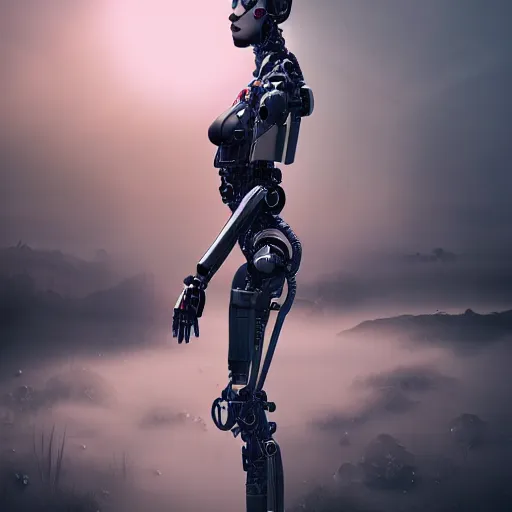 Image similar to Masterpiece full body portrait of a beautiful female cyborg with flawless skin, robotic feminine body, in a surreal dream landscape, eerie fog, cinematic lighting, 8k