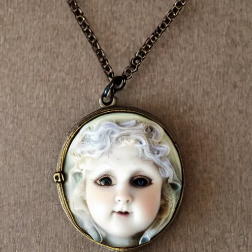 Prompt: creepy porcelain victorian doll artnouveau necklace
