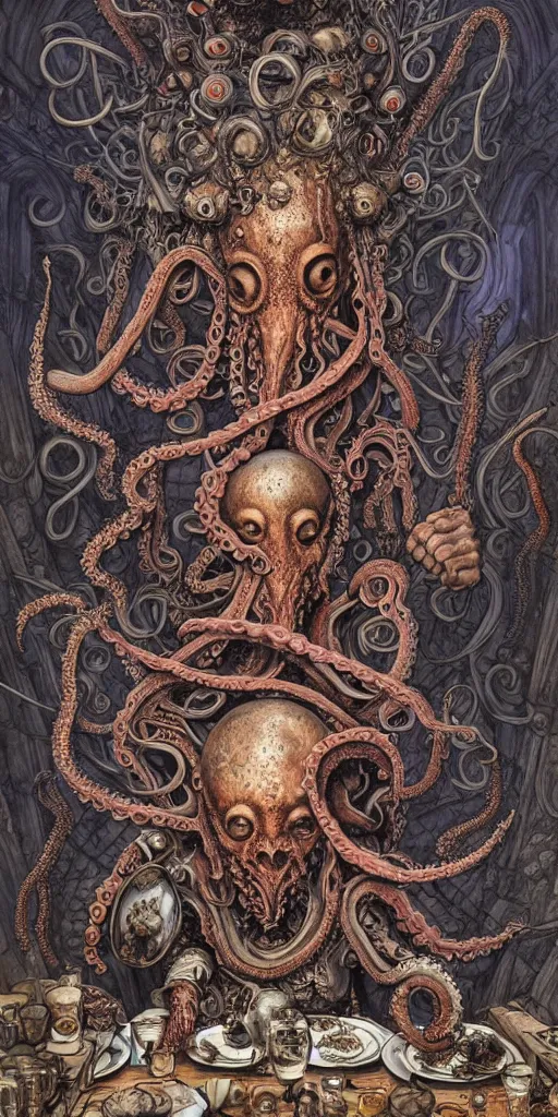 Prompt: mages with human bodies and magical armour with octopus heads sitting near the table in an ancient mage castle with enormous scale, gothic and baroque, brutalist architecture, ultradetailed, Intricate by James Jean and Josan Gonzalez and John Howe and Giuseppe Arcimboldo