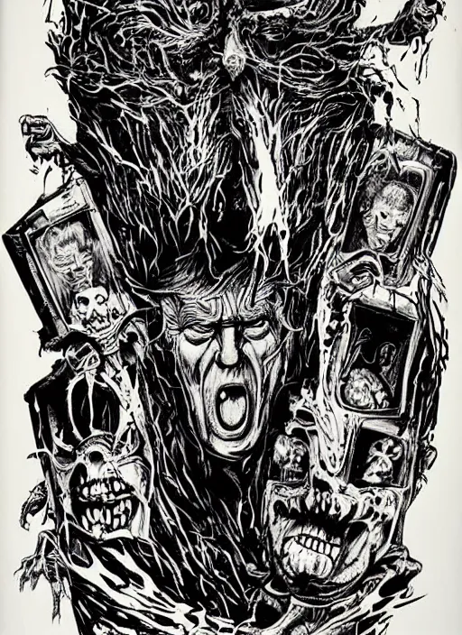 Image similar to donald trump's disgusting true form on a 1 9 9 0 s horror movie poster, inking, vintage 9 0 s print, detailed, scary, horror, screen print, trending on artstation