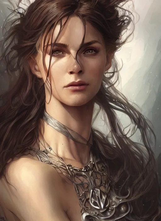 Image similar to portrait of a ruggedly handsome female witch, soft hair, muscular, half body, leather, d & d, fantasy, intricate, elegant, highly detailed, digital painting, artstation, concept art, smooth, sharp focus, illustration, art by artgerm and greg rutkowski and alphonse mucha