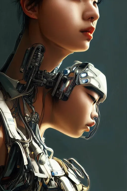 Prompt: Photorealistic illustration, 3/4 view of Korean fashion model with cybernetic neck, cyberpunk 2077, sci-fi, futuristic, intricate, elegant, highly detailed, digital painting, artstation, concept art, smooth, sharp focus, art by artgerm, greg rutkowski and alphonse mucha