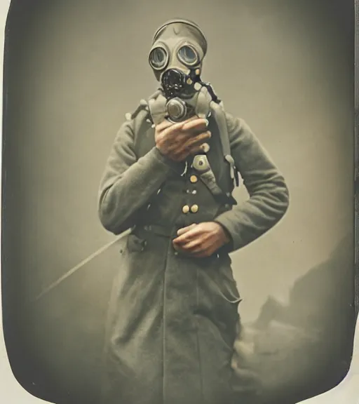 Image similar to person wearing gas mask, ww1 technicolor film photo, grainy, high detail, high resolution