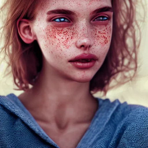 Prompt: portrait of a cute thin young woman, red blush, cute freckles, small smile, modern clothes, relaxing on the beach, cozy living room, close up shot, 8 k, art by irakli nadar, hyperrealism, hyperdetailed, ultra realistic