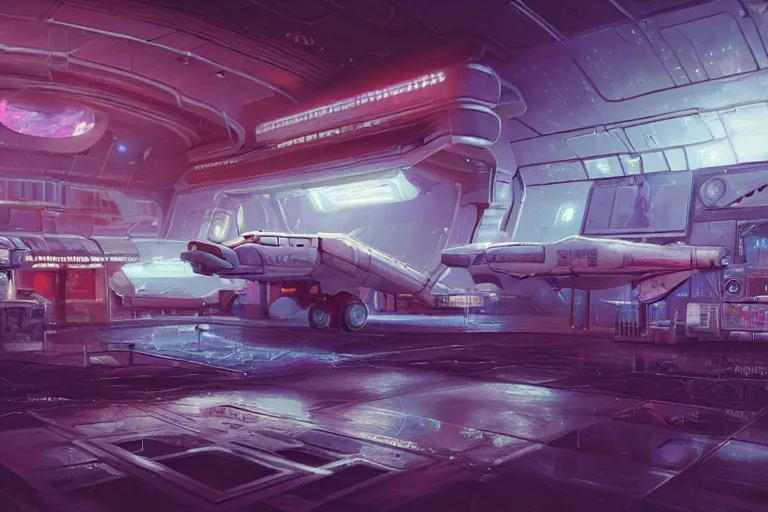 Image similar to Ultra realistic illustration, a run down battered spaceport in the outskirts of Tavlos city, a refuelling station filling up an old transporter waiting to take off, soft neon lights, fuelling cables on the floor, cyberpunk, sci-fi, fantasy, intricate, elegant, highly detailed, digital painting, artstation, concept art, smooth, sharp focus, illustration, dramatic lighting, art by Syd Mead and Giger