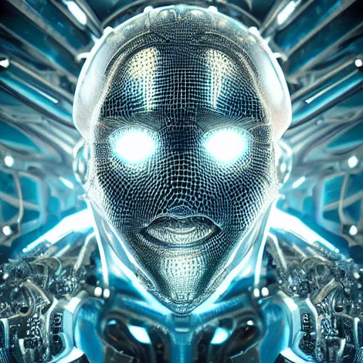 Image similar to an insanely detailed cibernetic artwork of a futuristic artificial intelligence superstar, extremely detailed water texture, centered image, perfectly symmetrical alien face, with frames made of detailed fractals, octane render, 4k, insanely detailed, detailed grid as background, cgi