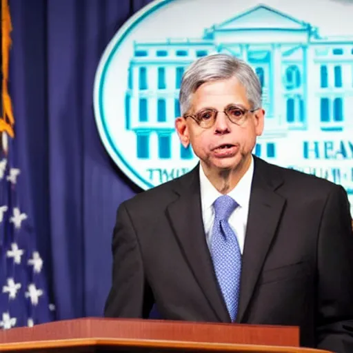 Image similar to merrick garland making a major announcement regarding a recent raid