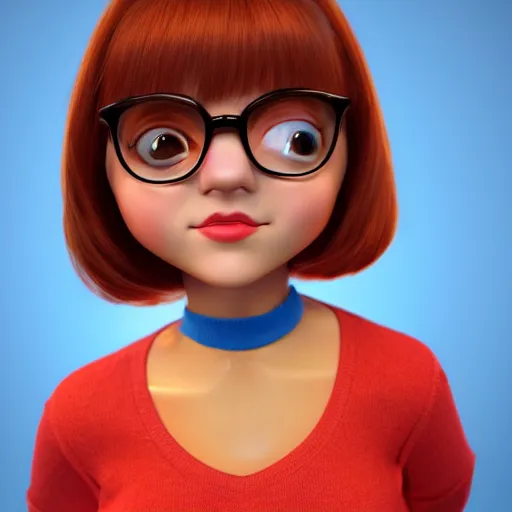 Prompt: cute photograph of velma, 3 d model, small nose and big eyes, highly detailed, freckles, semi - realistic, blue background, artstation, global illumination, soft colors, realistic hair, soft jawline, happy