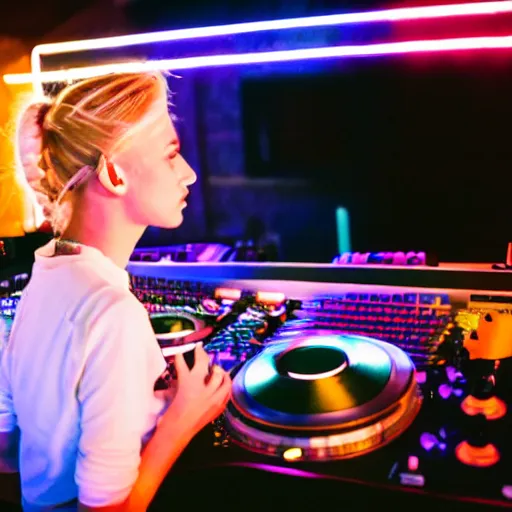 Image similar to a young, blonde-haired woman with soft facial features and blue eyes, 35mm photograph, neon lights in the background, DJing at coachella
