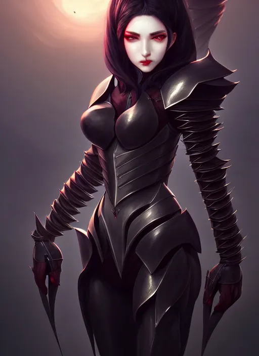 Image similar to full plate armor!!! beautiful and elegant dark hair female vampire!! gorgeous ayes!! character concept art, sharp focus, octane render! unreal engine 5! highly rendered!! trending on artstation!! detailed linework!! illustration by artgerm, wlop, and chie yoshii