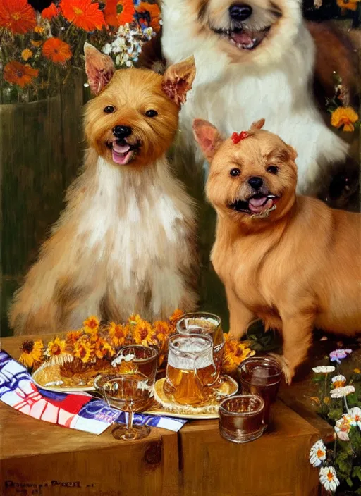 Prompt: octoberfest poster, beer glasses, strudels surrounded by flowers and norwich terriers, realistic, highly detailed, digital illustration, trending in artstation, classical painting, smooth, sharp focus art by ilya repin