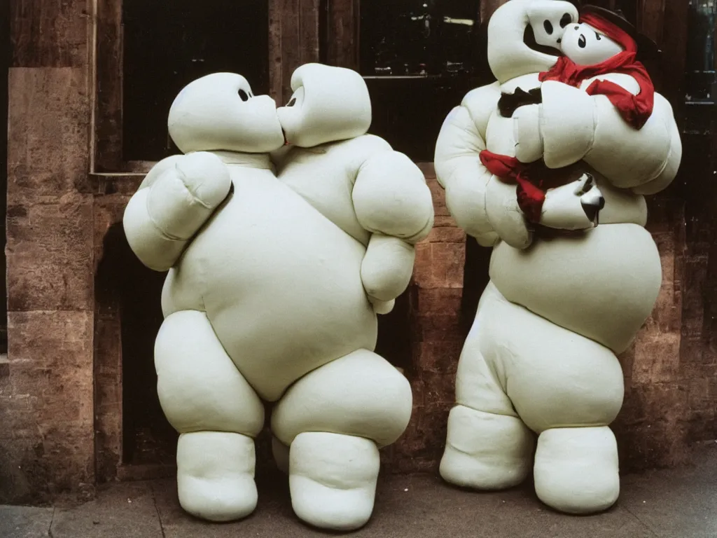 Image similar to 3 5 mm kodachrome colour photography of michelin man and stay - puft marshmallow man kissing each other, in love, taken by harry gruyaert