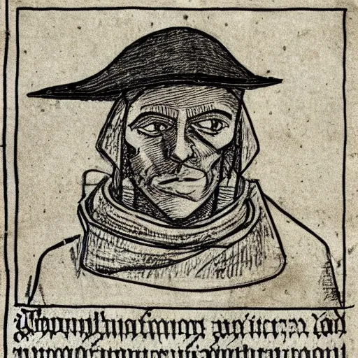 Image similar to a penic line drawing of a medieval thief on a old piece of paper. wanted poster. portrait. 4 k.