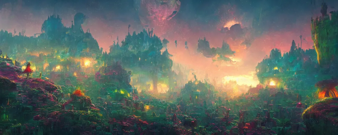 Image similar to ” otherwordly whimsical landscape, [ cinematic, detailed, epic, widescreen, opening, establishing, mattepainting, photorealistic, realistic textures, octane render, art by paul lehr ] ”