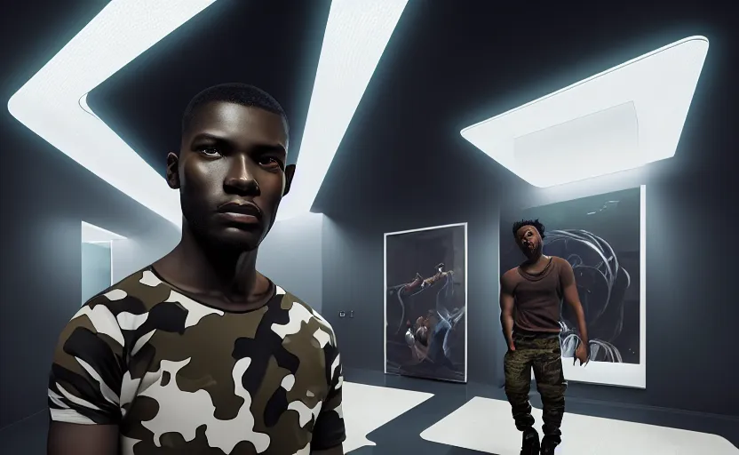 Image similar to portrait of handsome black genius wearing a white t - shirt and camo cargo pants in front several curved holographic displays, luxury condo interior, elegant atmosphere, glowing lights, highly detailed, digital painting, artstation, concept art, smooth, sharp focus, illustration, art by wlop, mars ravelo and greg rutkowski