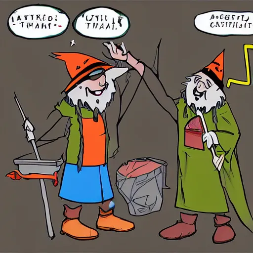 Image similar to two wizards arguing about whose turn it is to take out the trash, digital art