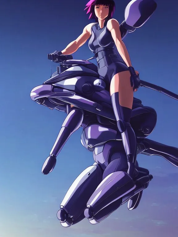 Image similar to a fullbody action still of motoko kusanagi riding on top of a tachikoma, the major ghost in the shell : : stand alone complex, under repairs, maintenance : : by ilya kuvshinov, rossdraws, artgerm, sola digital arts, anti aliasing, raytracing : :