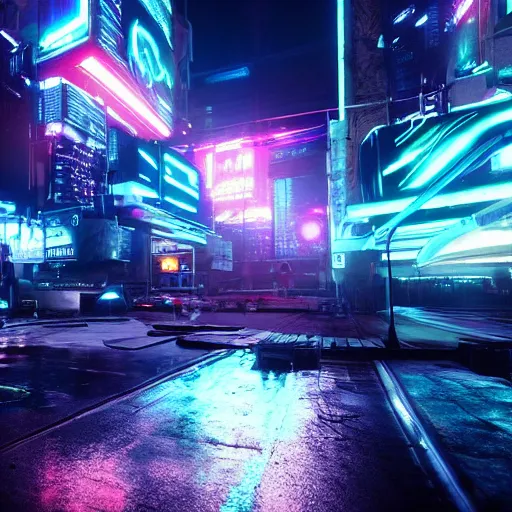 Image similar to « glowing neon lights, sunrise, cyberpunk, alita battle angel, blade runner,, cold, clouds, far view, photorealistic, unreal engine 5, sharp focus »