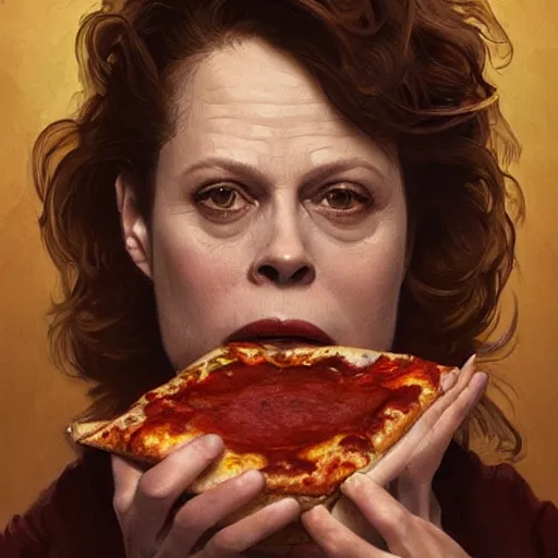 Image similar to portrait of Sigourney Weaver opening his mouth to eat pizza, highly detailed, digital painting, artstation, concept art, sharp focus, illustration, art by artgerm and greg rutkowski and alphonse mucha