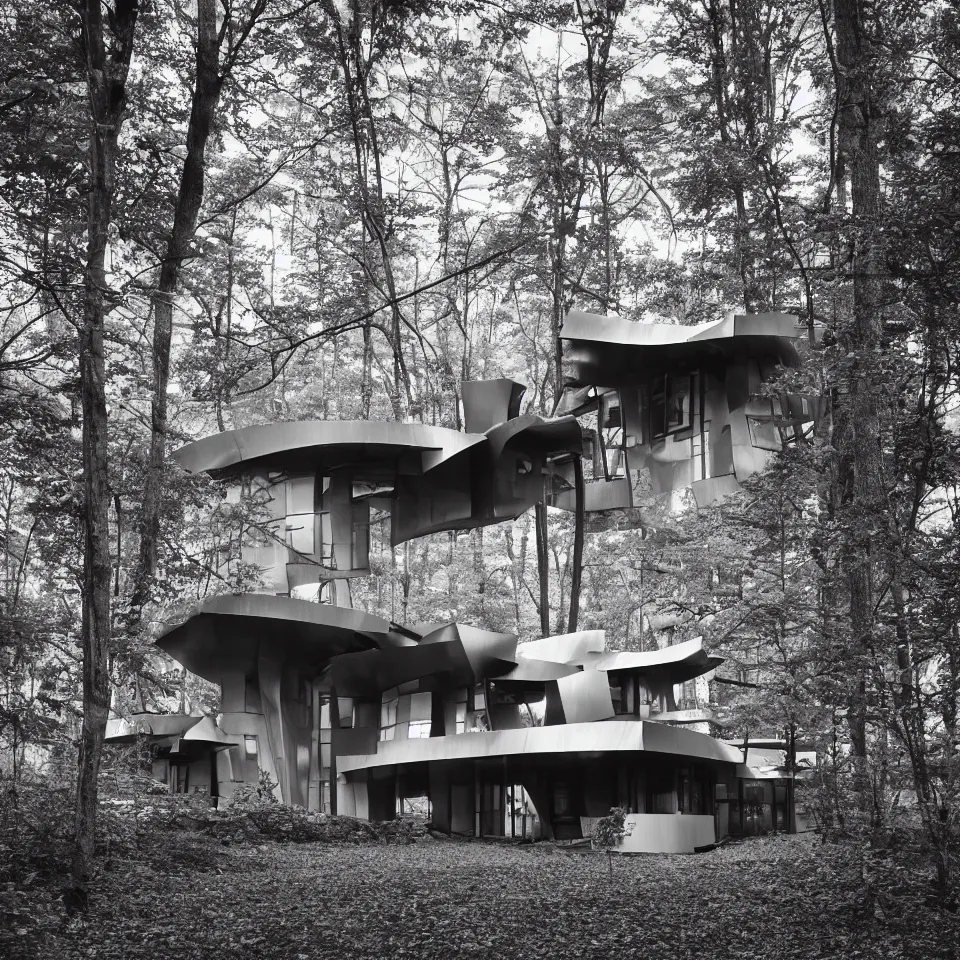 Prompt: architecture ad for a mid-century modern house in the middle of the forest, designed by Frank Gehry. Film grain, cinematic, grayscale, yellow hue