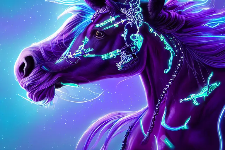 Image similar to a stunning horse with bioluminescent mane and tail running by sandra chevrier and greg rutkowski, neon hooves, purple blue color scheme, vaporware, retro, outrun, high key lighting, volumetric light, digital art, highly detailed, fine detail, intricate, ornate, complex, octane render, unreal engine, photorealistic