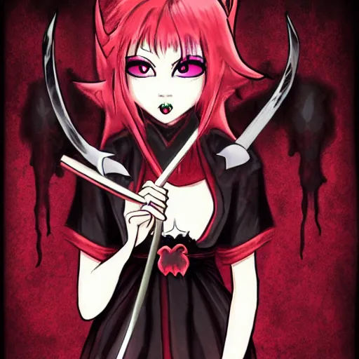 Image similar to a nasty scary demon princess with blach hair holding a katana