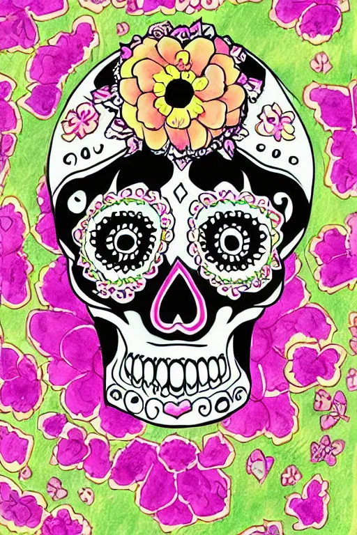 Image similar to Illustration of sugar skull day of the dead girl, art by ken sugimori