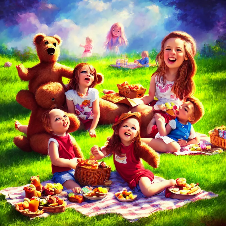 Image similar to epic professional digital portrait of 🧸🧺 picnic, for kids happy, cheerful, fun, kid safe, detailed, hdr, 4 k, best on wlop, pixiv, stunning, gorgeous, much wow, cinematic, masterpiece