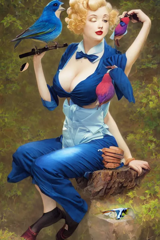 Image similar to anime pinup girl holding an indigo bunting, bird, the bird is wearing a bowtie, by greg rutkowski, rossdraws, gil elvgren, enoch bolles, anime, porcelain skin, very coherent