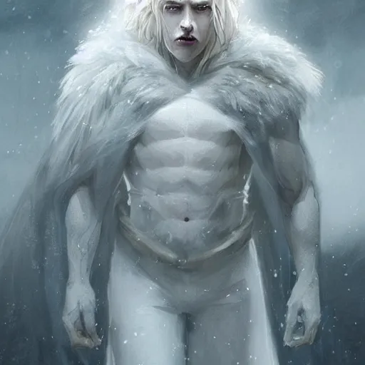 Image similar to anthropomorphic male muscular albino white lion, wearing beautiful game of thrones outfit, darkness aura, fantasy, mysterious low key lighting, winter blizzard atmosphere, high contrast portrait, character design by charlie bowater, ross tran, artgerm, and makoto shinkai, detailed, inked, western comic book art, 2 0 2 1 award winning film poster paintingy