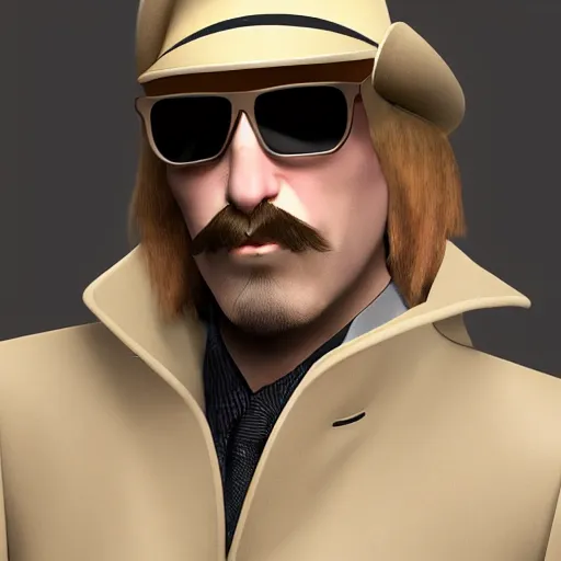 Prompt: blonde Viktor Reznov portrait with a beige coat, a blonde goatee, thick moustache, beige fedora, and sunglasses, photorealistic, dramatic lighting