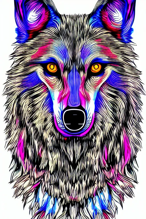 Image similar to Psychotic crisis portrait of a wolf head. psychedelic colors, very detailed, lineart