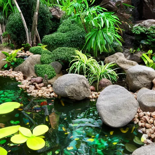 Image similar to popcorn boulders in a jungle landscape, koi pond on the ground