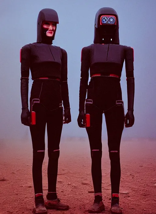 Image similar to cinestill 5 0 d photographic portrait by steve mccurry of two loving female androids wearing rugged black mesh techwear in a brutalist compound with a red sky, extreme closeup, cyberpunk style, dust storm, 8 k, hd, high resolution, 3 5 mm, f / 3 2, ultra realistic faces, ex machina