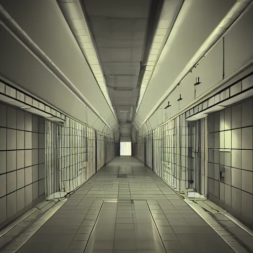 Image similar to isometric view of hallways of underground lab, sterile, clean, cinematic, liminal space, unreal engine, photorealism, haunting