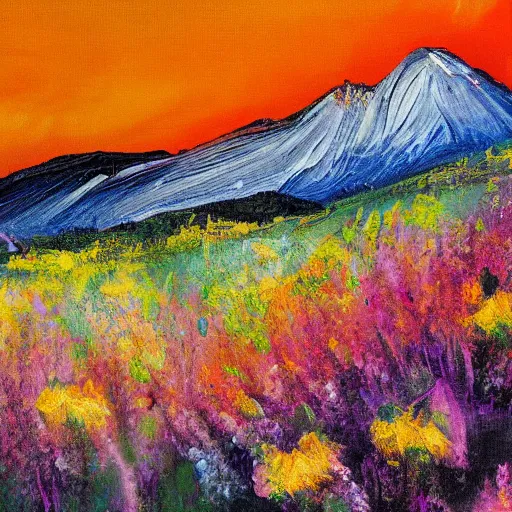 Prompt: thick impasto textured painting of a mountain side hill with wildflowers blooming